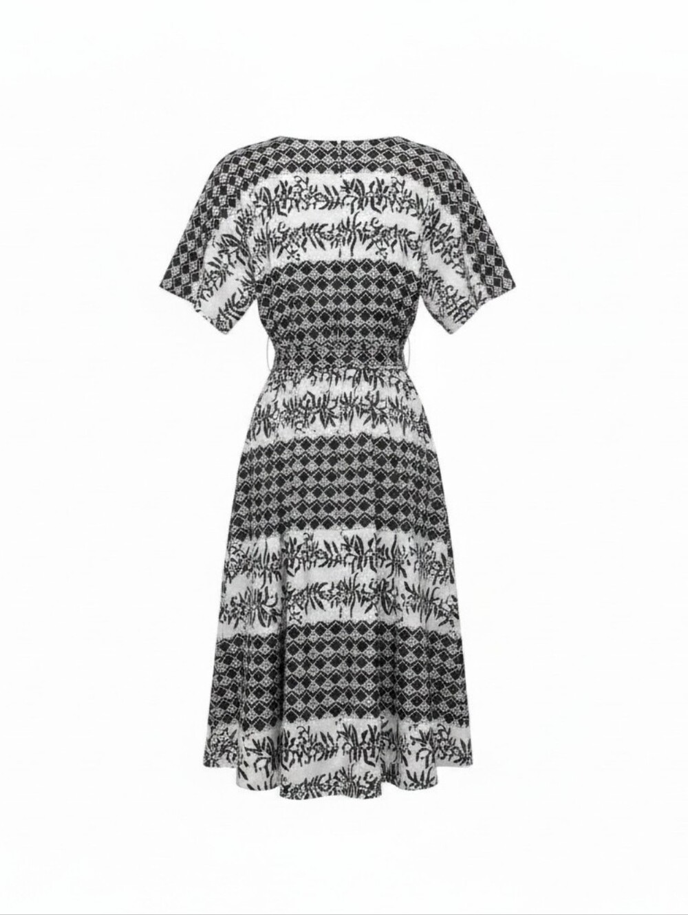 Handmade White Linen Black Geometric Floral Print Belted Midi Dress, Size 8 - Picture 3 of 3